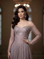 Luxury Caramel Beaded A-Line Evening Dress Long Sleeves CLA73038A