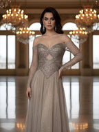 Luxury Caramel Beaded A-Line Evening Dress Long Sleeves CLA73038A
