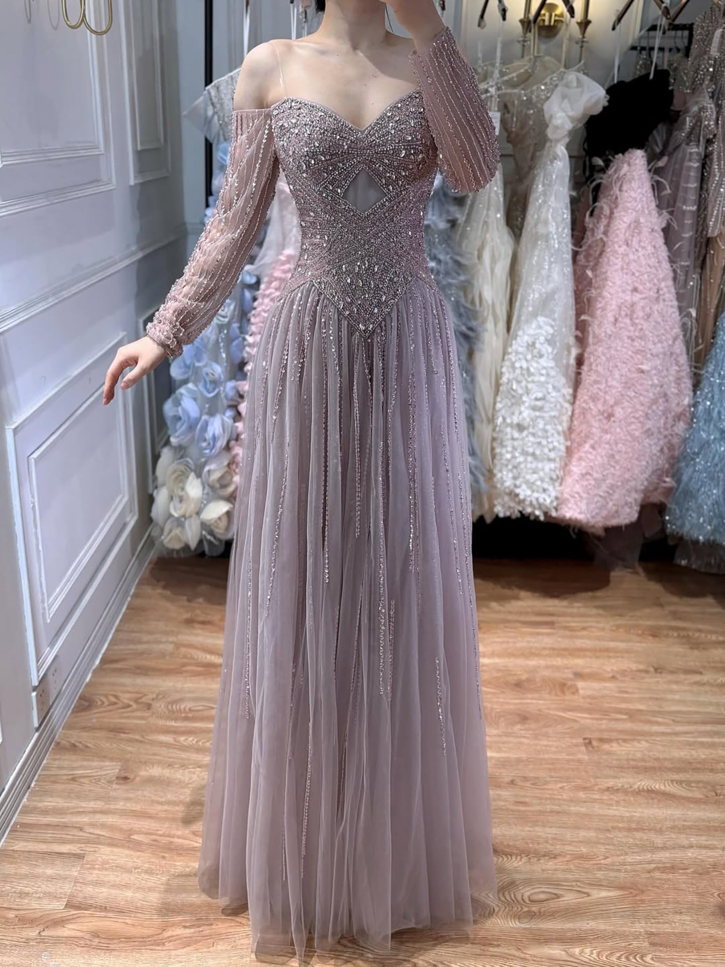 Luxury Caramel Beaded A-Line Evening Dress Long Sleeves CLA73038A