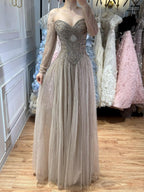 Luxury Caramel Beaded A-Line Evening Dress Long Sleeves CLA73038A