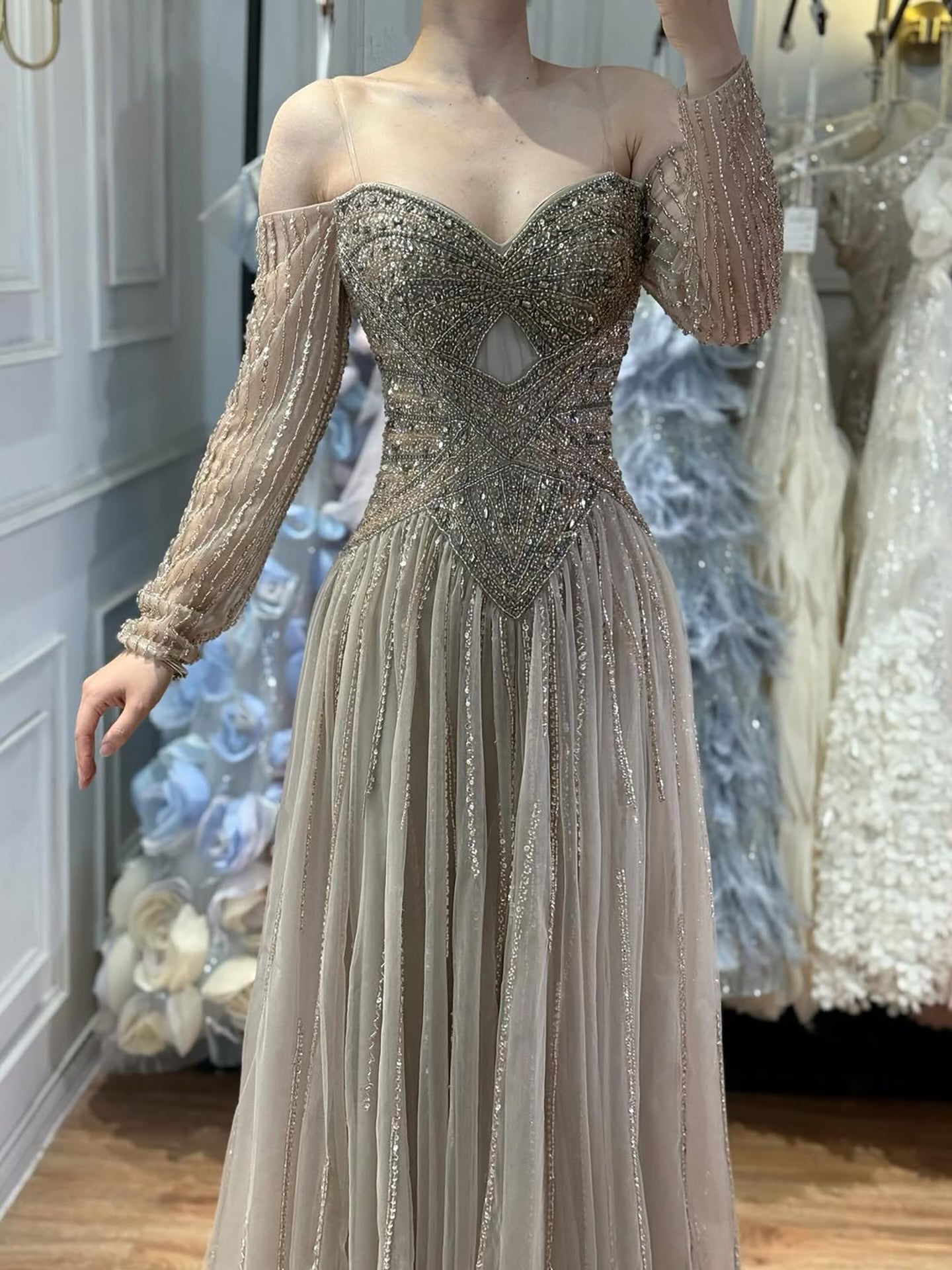 Luxury Caramel Beaded A-Line Evening Dress Long Sleeves CLA73038A