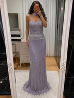 Lilac Crystal Beaded Tassel Strapless Column Evening Dress LA73044B