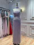 Lilac Crystal Beaded Tassel Strapless Column Evening Dress LA73044B