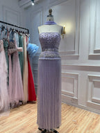 Lilac Crystal Beaded Tassel Strapless Column Evening Dress LA73044B