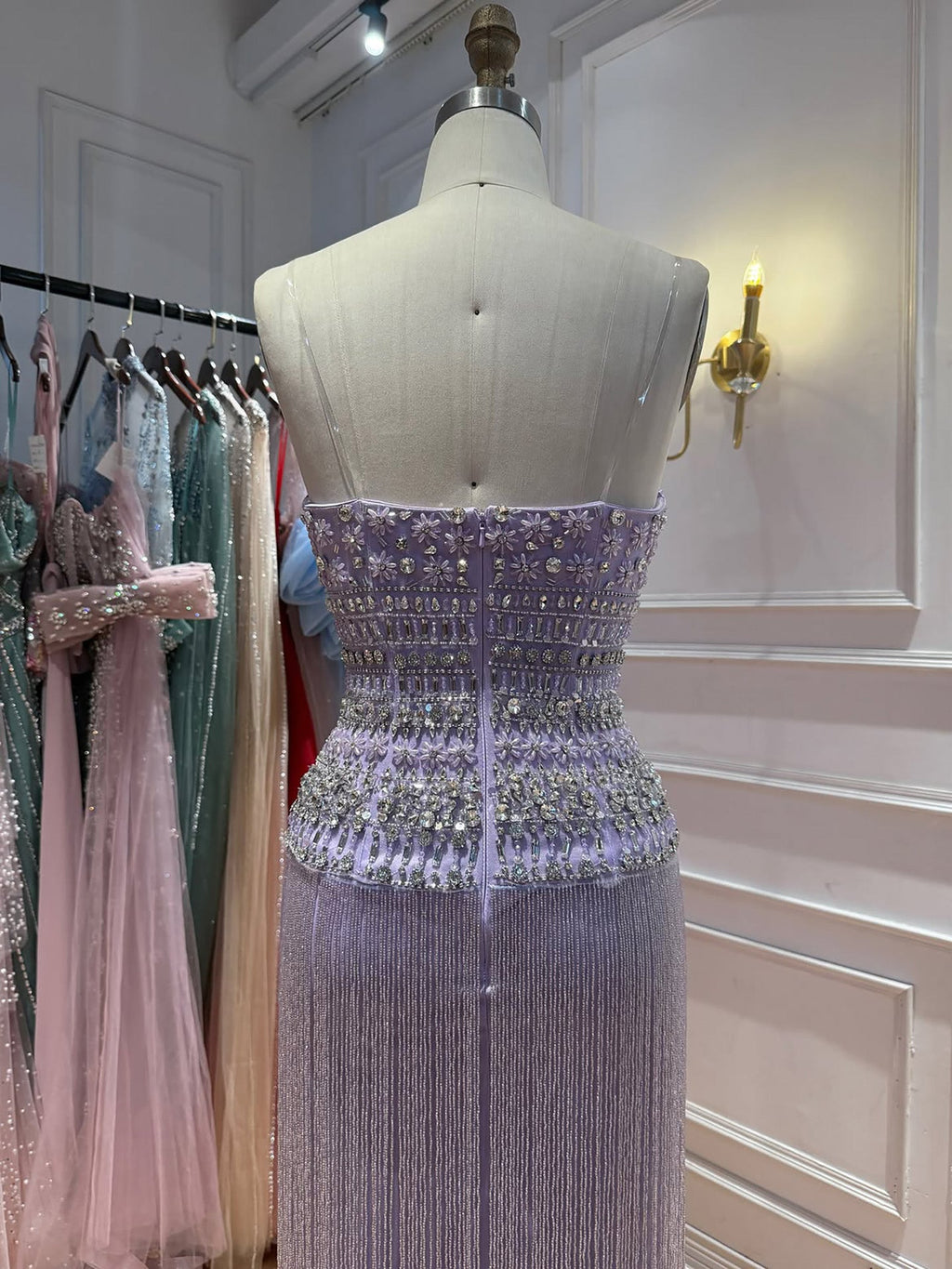 Lilac Crystal Beaded Tassel Strapless Column Evening Dress LA73044B
