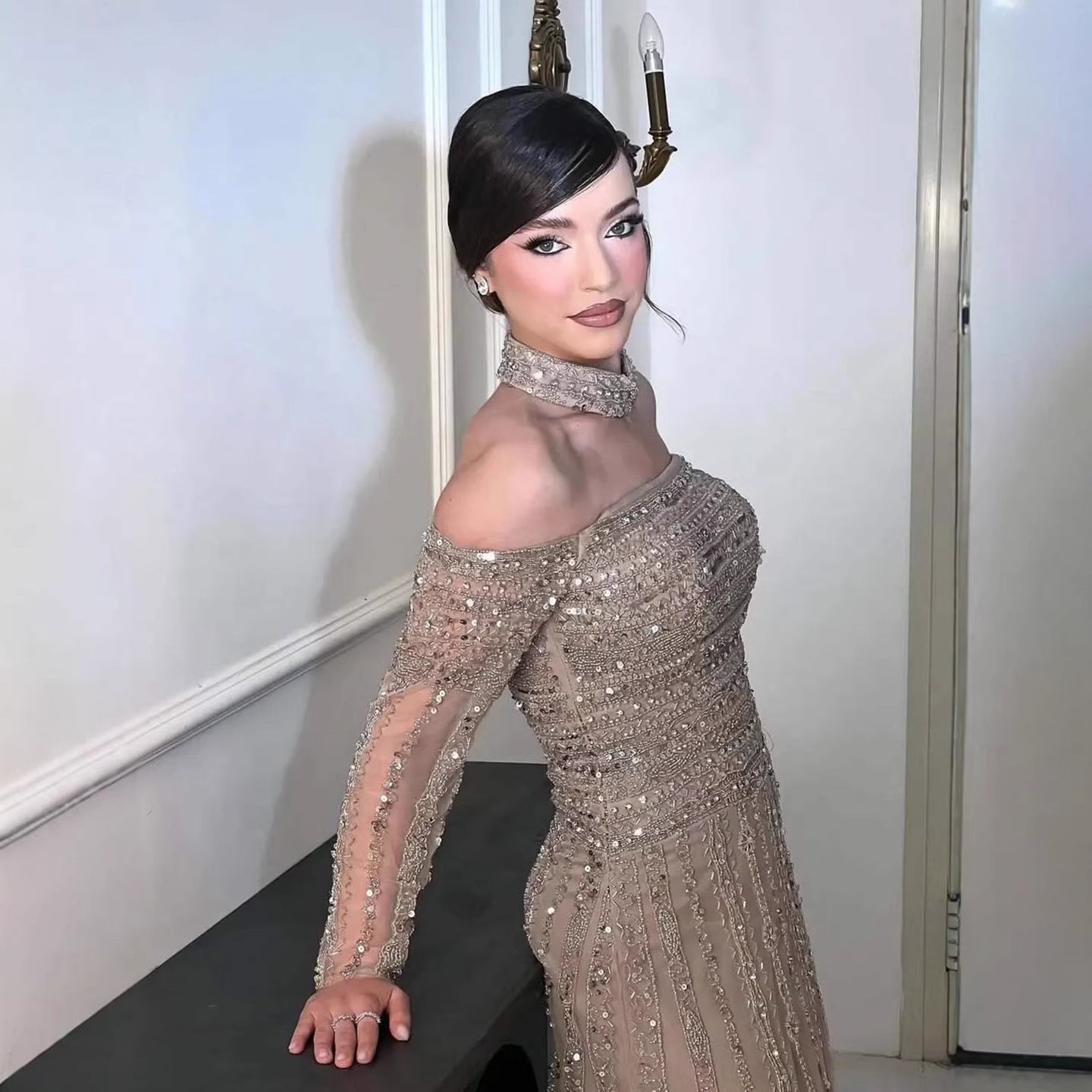 Luxury Caramel Off Shoulder Beaded Mermaid Evening Dress Long Sleeves CLA73053