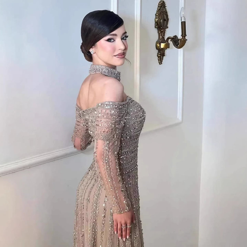 Luxury Caramel Off Shoulder Beaded Mermaid Evening Dress Long Sleeves CLA73053