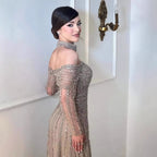 Luxury Caramel Off Shoulder Beaded Mermaid Evening Dress Long Sleeves CLA73053