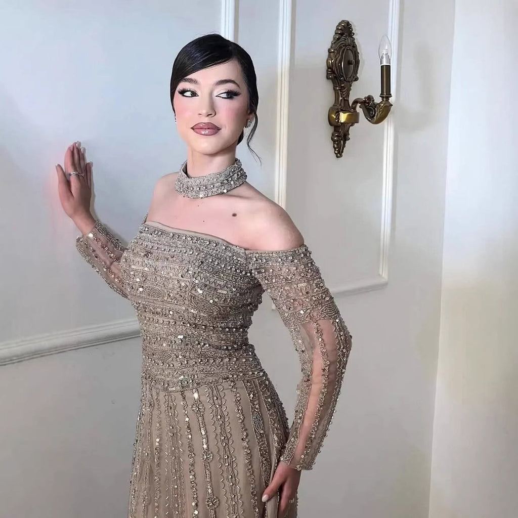 Luxury Caramel Off Shoulder Beaded Mermaid Evening Dress Long Sleeves CLA73053