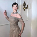 Luxury Caramel Off Shoulder Beaded Mermaid Evening Dress Long Sleeves CLA73053