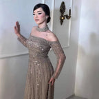 Luxury Caramel Off Shoulder Beaded Mermaid Evening Dress Long Sleeves CLA73053