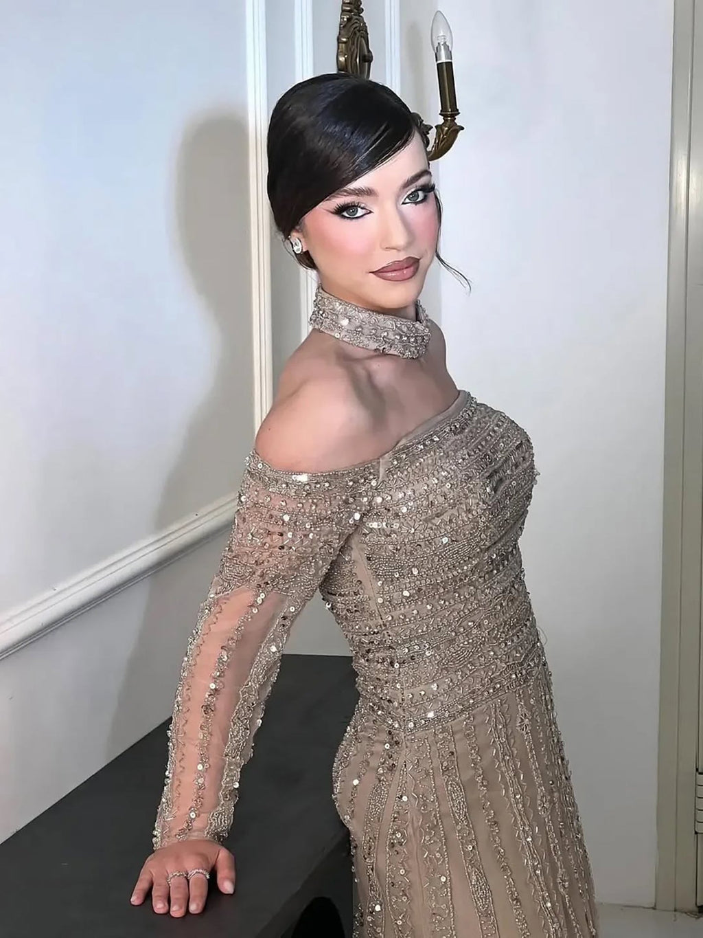 Luxury Caramel Off Shoulder Beaded Mermaid Evening Dress Long Sleeves CLA73053