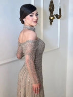 Luxury Caramel Off Shoulder Beaded Mermaid Evening Dress Long Sleeves CLA73053