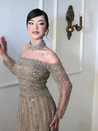 Luxury Caramel Off Shoulder Beaded Mermaid Evening Dress Long Sleeves CLA73053