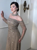 Luxury Caramel Off Shoulder Beaded Mermaid Evening Dress Long Sleeves CLA73053