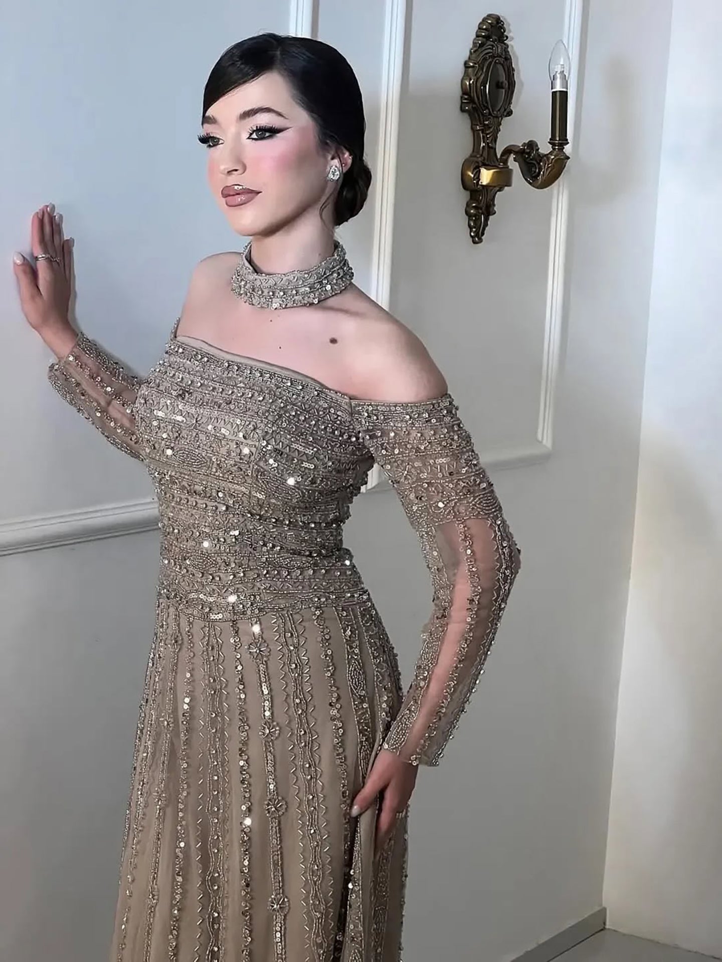 Luxury Caramel Off Shoulder Beaded Mermaid Evening Dress Long Sleeves CLA73053