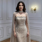 Luxury Cream Beaded Evening Dress With Cape LA73076B