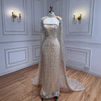 Luxury Cream Beaded Evening Dress With Cape LA73076B