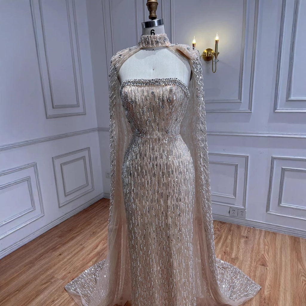 Luxury Cream Beaded Evening Dress With Cape LA73076B