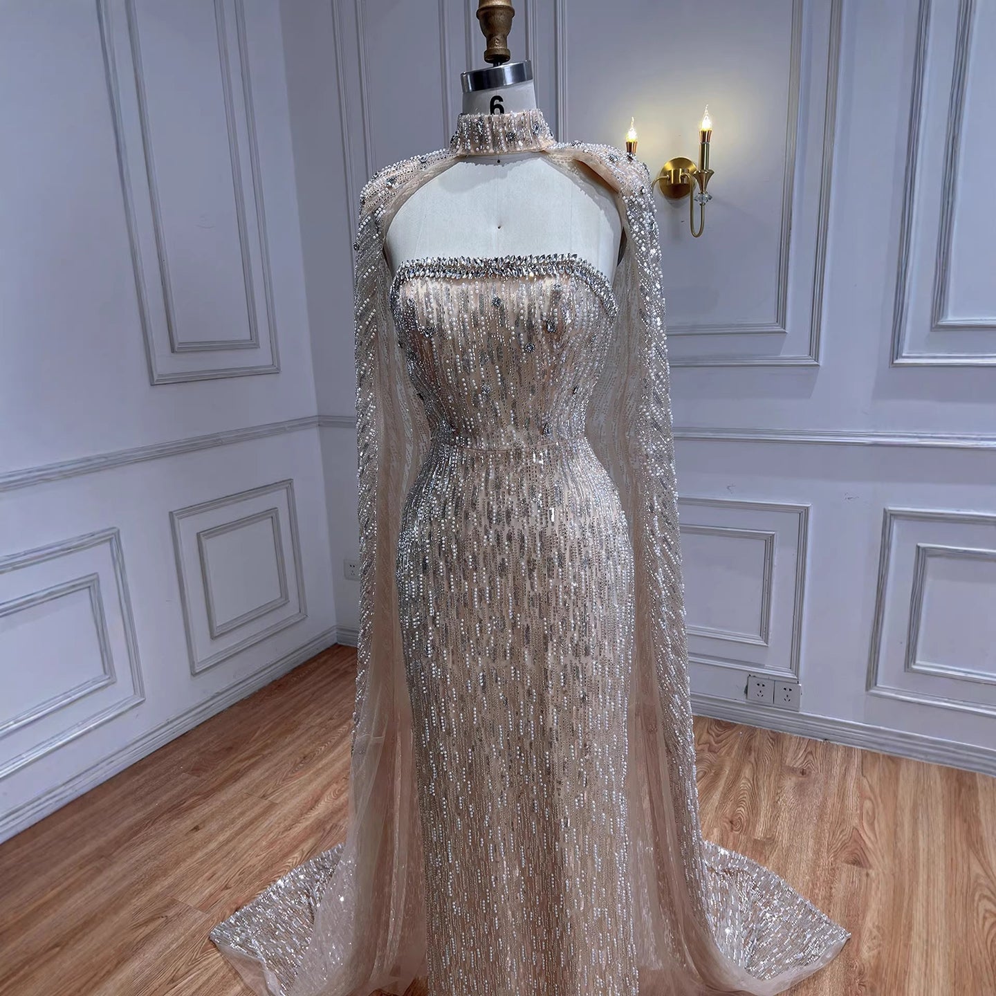 Luxury Cream Beaded Evening Dress With Cape LA73076B