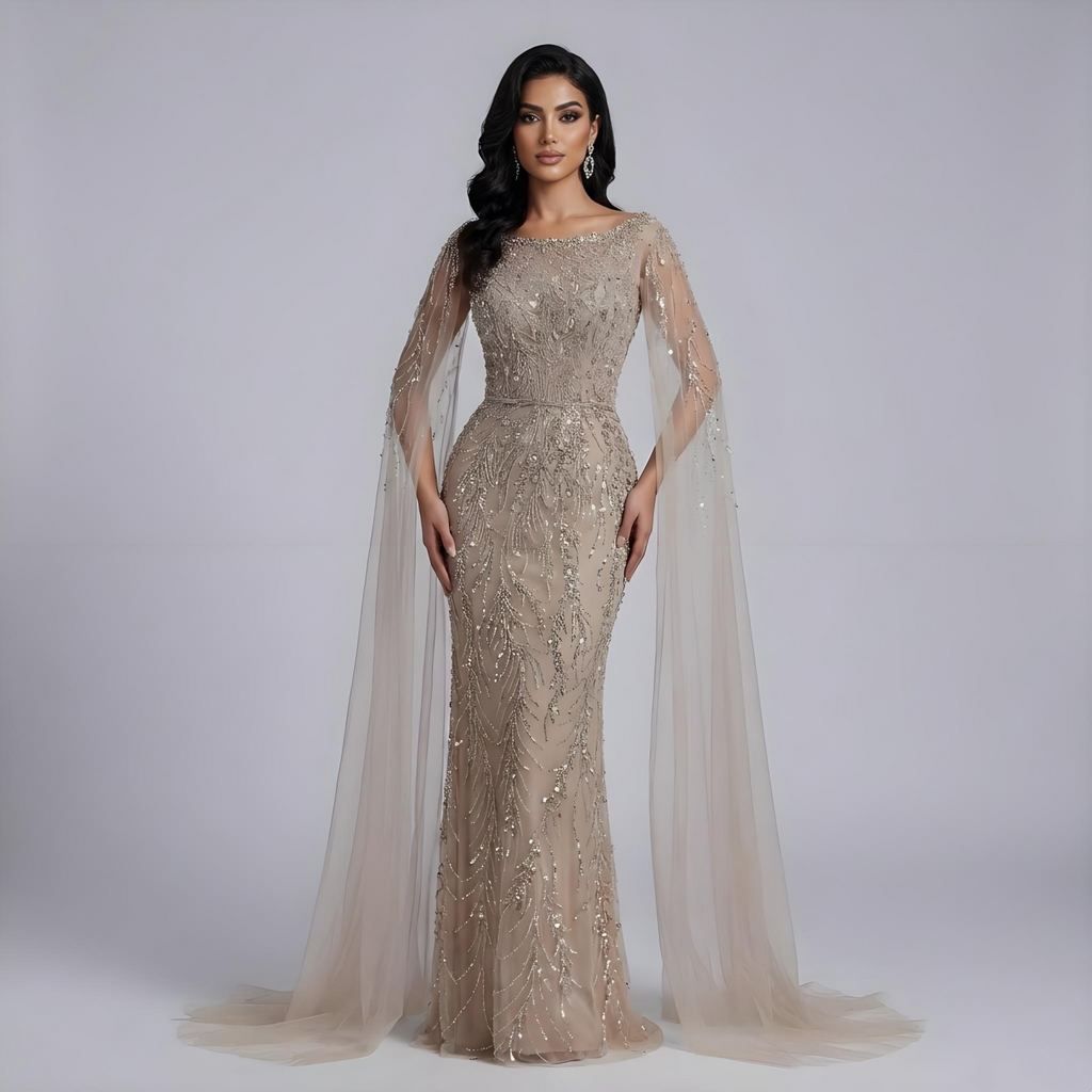 Luxury Caramel Beaded Mermaid Evening Dress With Cape Sleeves CLA73078