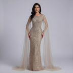 Luxury Caramel Beaded Mermaid Evening Dress With Cape Sleeves CLA73078