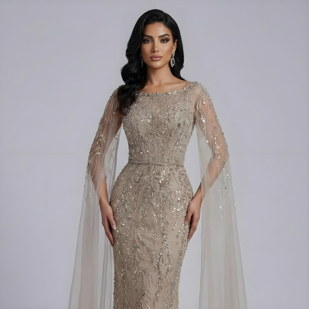 Luxury Caramel Beaded Mermaid Evening Dress With Cape Sleeves CLA73078