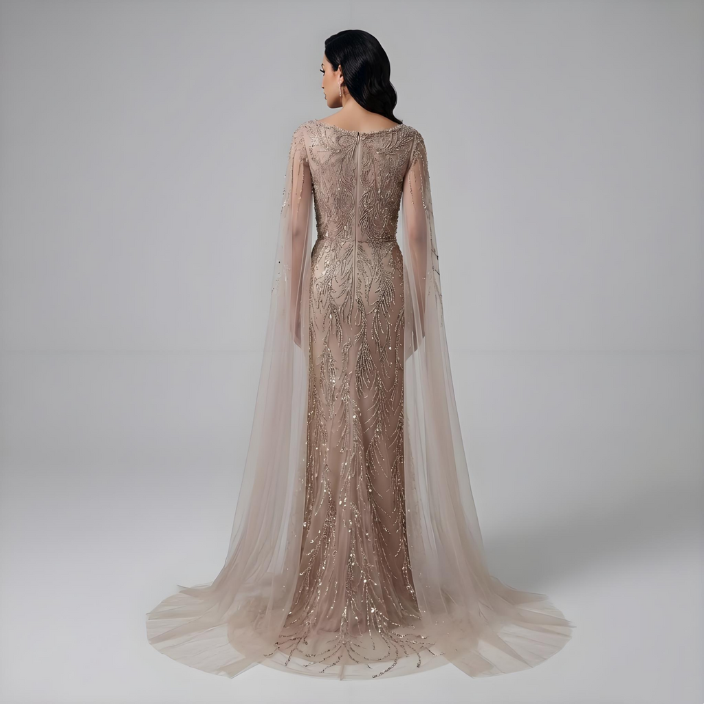 Luxury Caramel Beaded Mermaid Evening Dress With Cape Sleeves CLA73078
