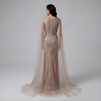 Luxury Caramel Beaded Mermaid Evening Dress With Cape Sleeves CLA73078