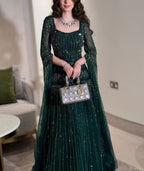 Arabic Luxury Beaded A-Line Square Green Cape Sleeves Evening Dress CLA73089