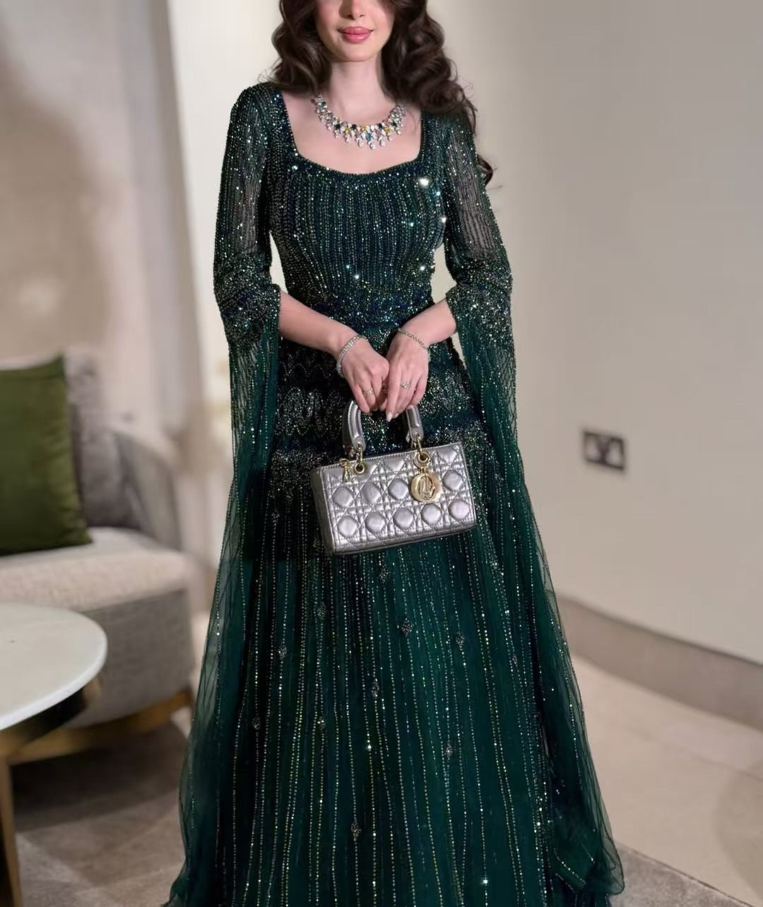 Arabic Luxury Beaded A-Line Square Green Cape Sleeves Evening Dress CLA73089