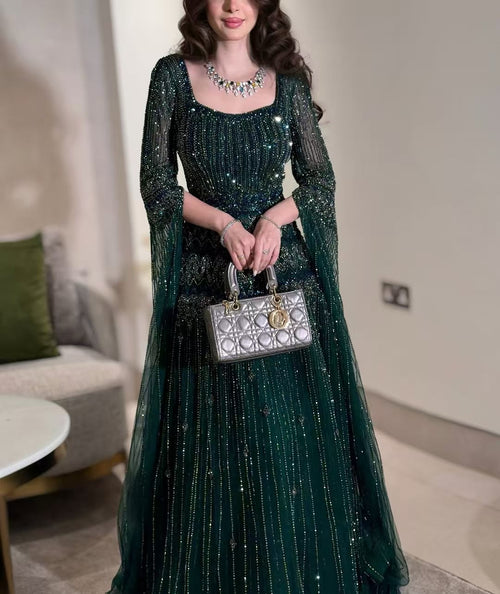 Arabic Luxury Beaded A-Line Square Green Cape Sleeves Evening Dress CLA73089