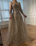 Arabic Luxury Beaded A-Line Square Green Cape Sleeves Evening Dress CLA73089