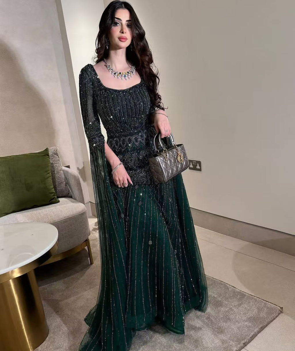 Arabic Luxury Beaded A-Line Square Green Cape Sleeves Evening Dress CLA73089