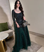 Arabic Luxury Beaded A-Line Square Green Cape Sleeves Evening Dress CLA73089