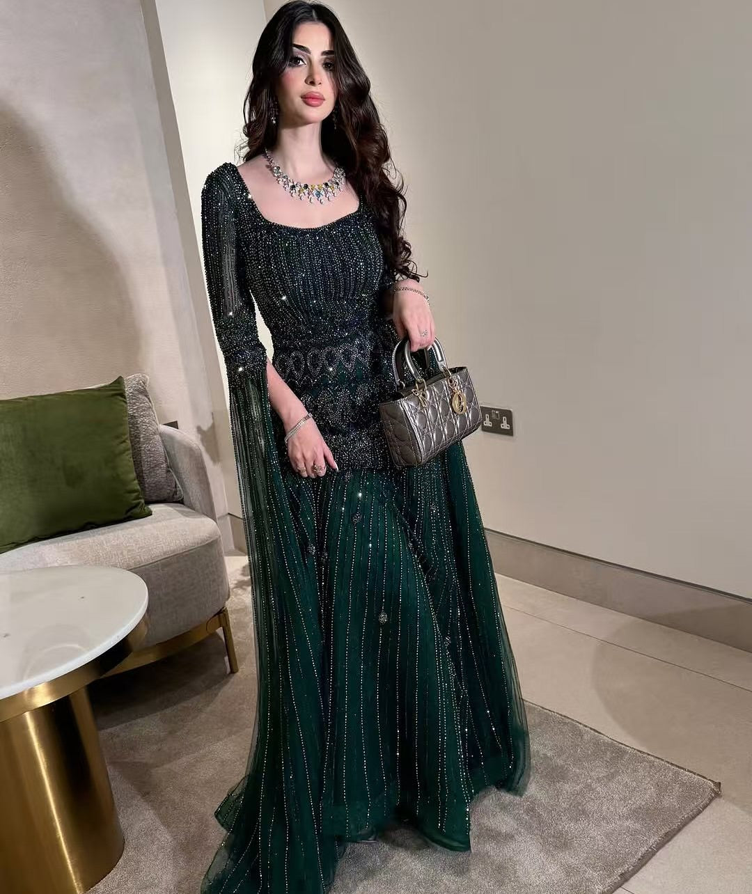 Arabic Luxury Beaded A-Line Square Green Cape Sleeves Evening Dress CLA73089