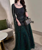 Arabic Luxury Beaded A-Line Square Green Cape Sleeves Evening Dress CLA73089