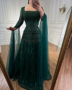 Arabic Luxury Beaded A-Line Square Green Cape Sleeves Evening Dress CLA73089