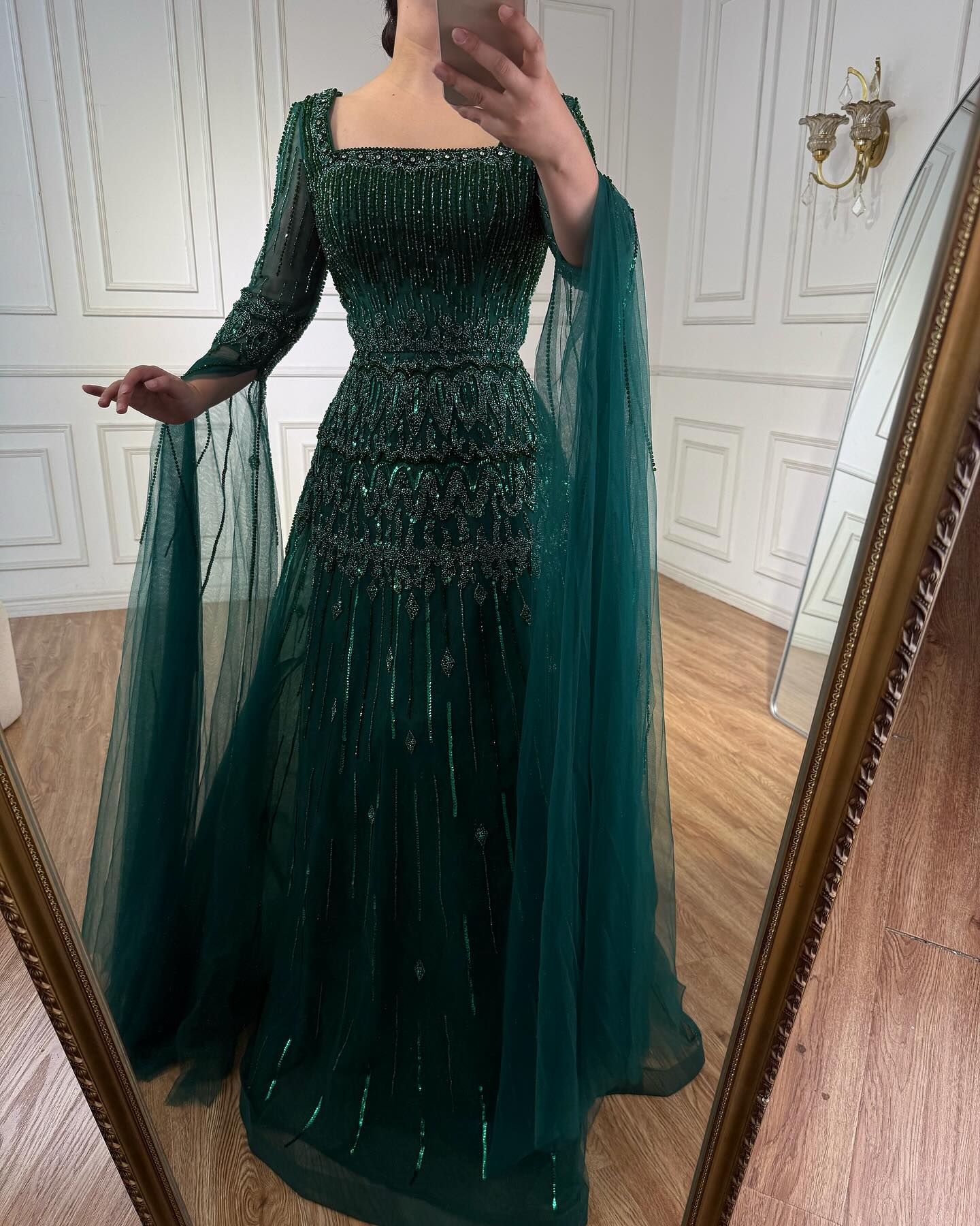 Arabic Luxury Beaded A-Line Square Green Cape Sleeves Evening Dress CLA73089