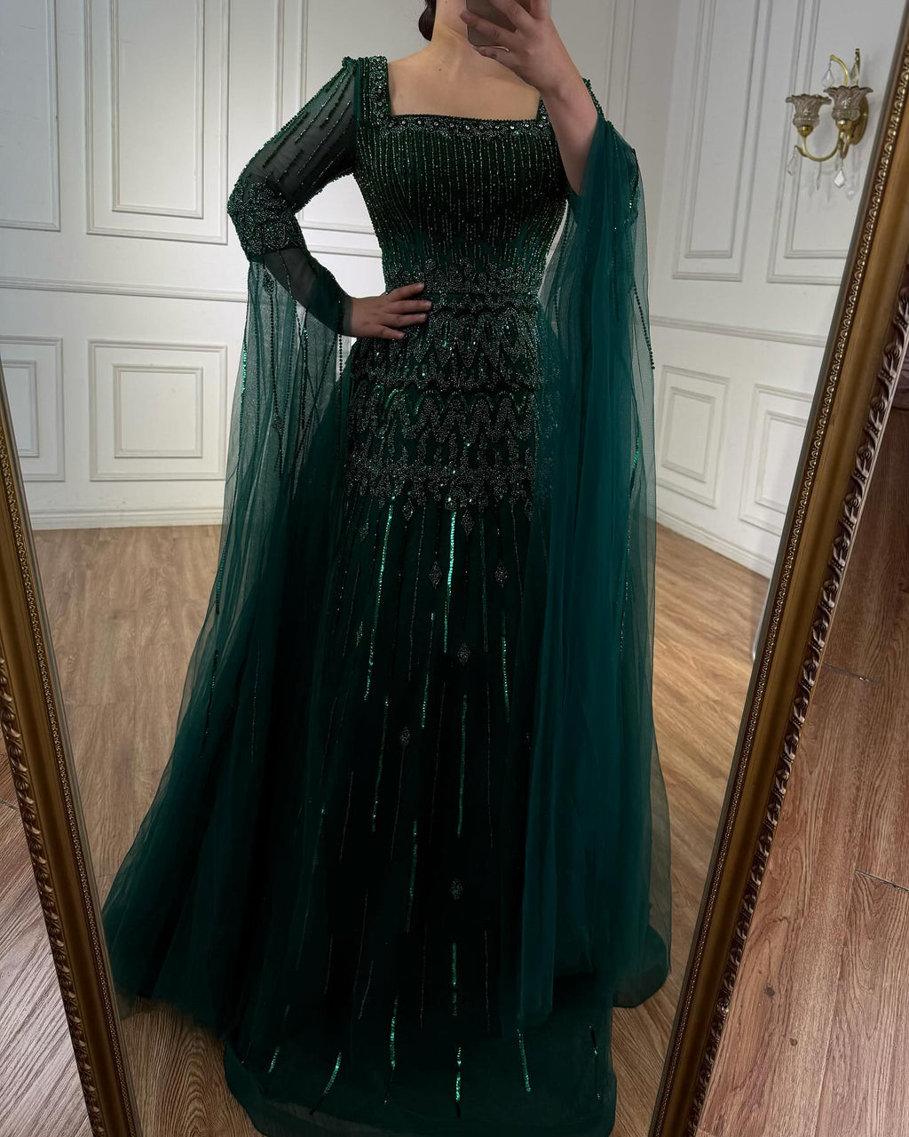 Arabic Luxury Beaded A-Line Square Green Cape Sleeves Evening Dress CLA73089