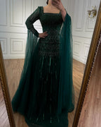 Arabic Luxury Beaded A-Line Square Green Cape Sleeves Evening Dress CLA73089