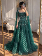 Arabic Luxury Beaded A-Line Square Green Cape Sleeves Evening Dress CLA73089A