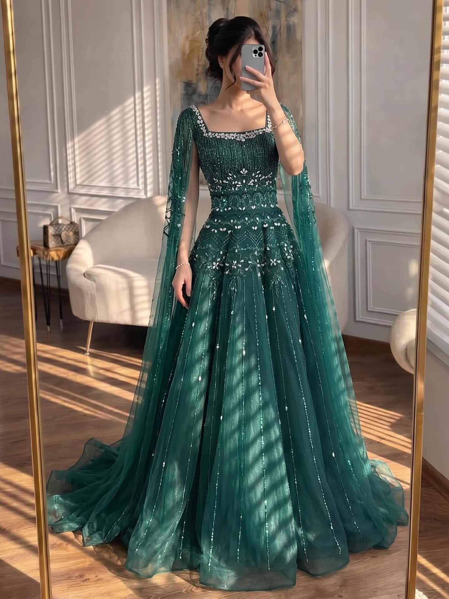 Arabic Luxury Beaded A-Line Square Green Cape Sleeves Evening Dress CLA73089A