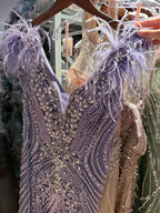 Luxury Purple Crystal Beaded Mermaid Dress with Feathers LA73098A