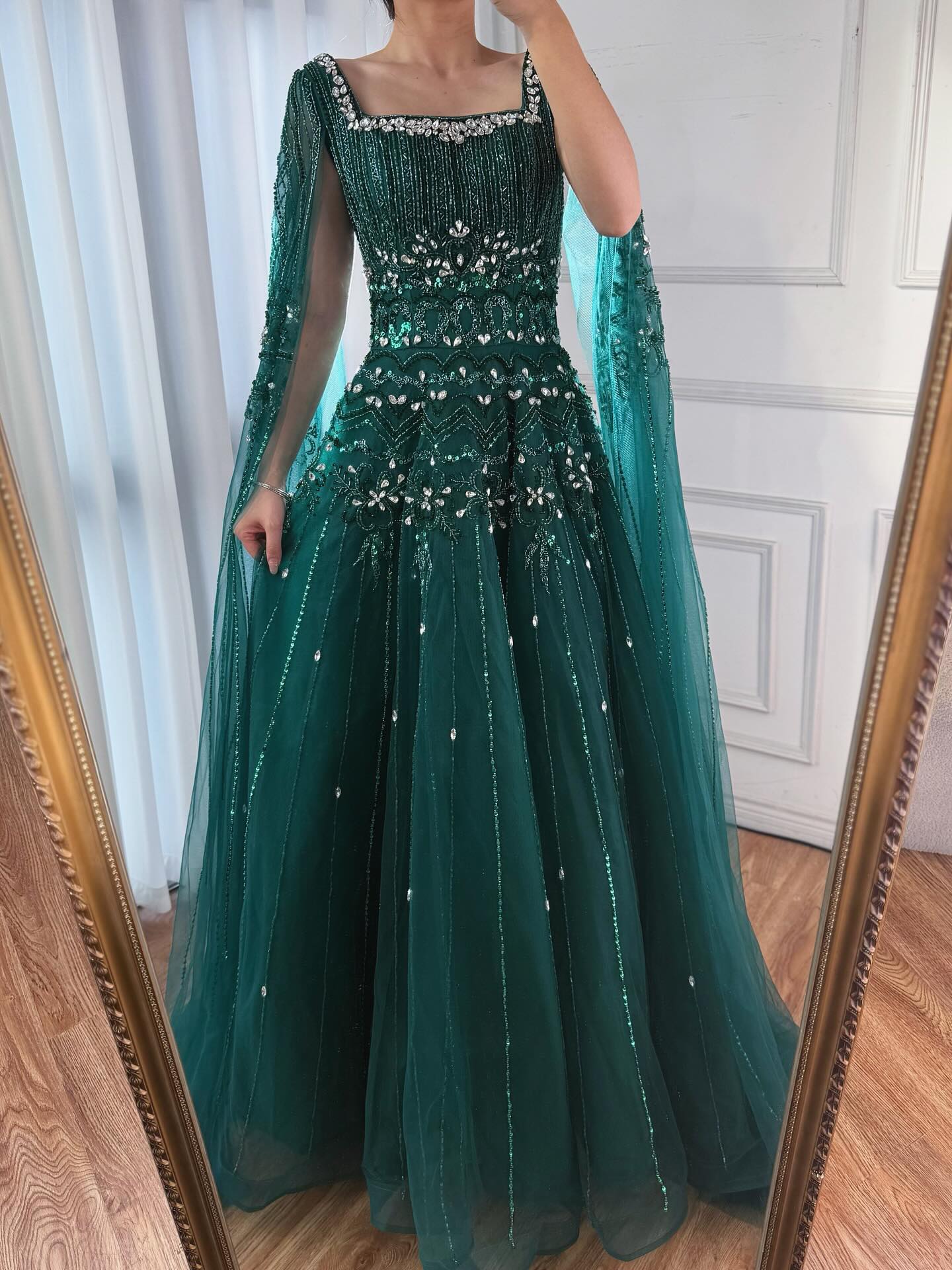 Arabic Luxury Beaded A-Line Square Green Cape Sleeves Evening Dress CLA73089A