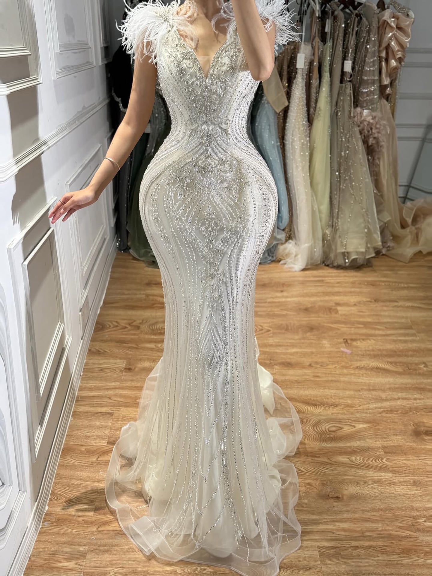 Luxury Purple Crystal Beaded Mermaid Dress with Feathers CLA73098A