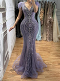 Luxury Purple Crystal Beaded Mermaid Dress with Feathers LA73098A