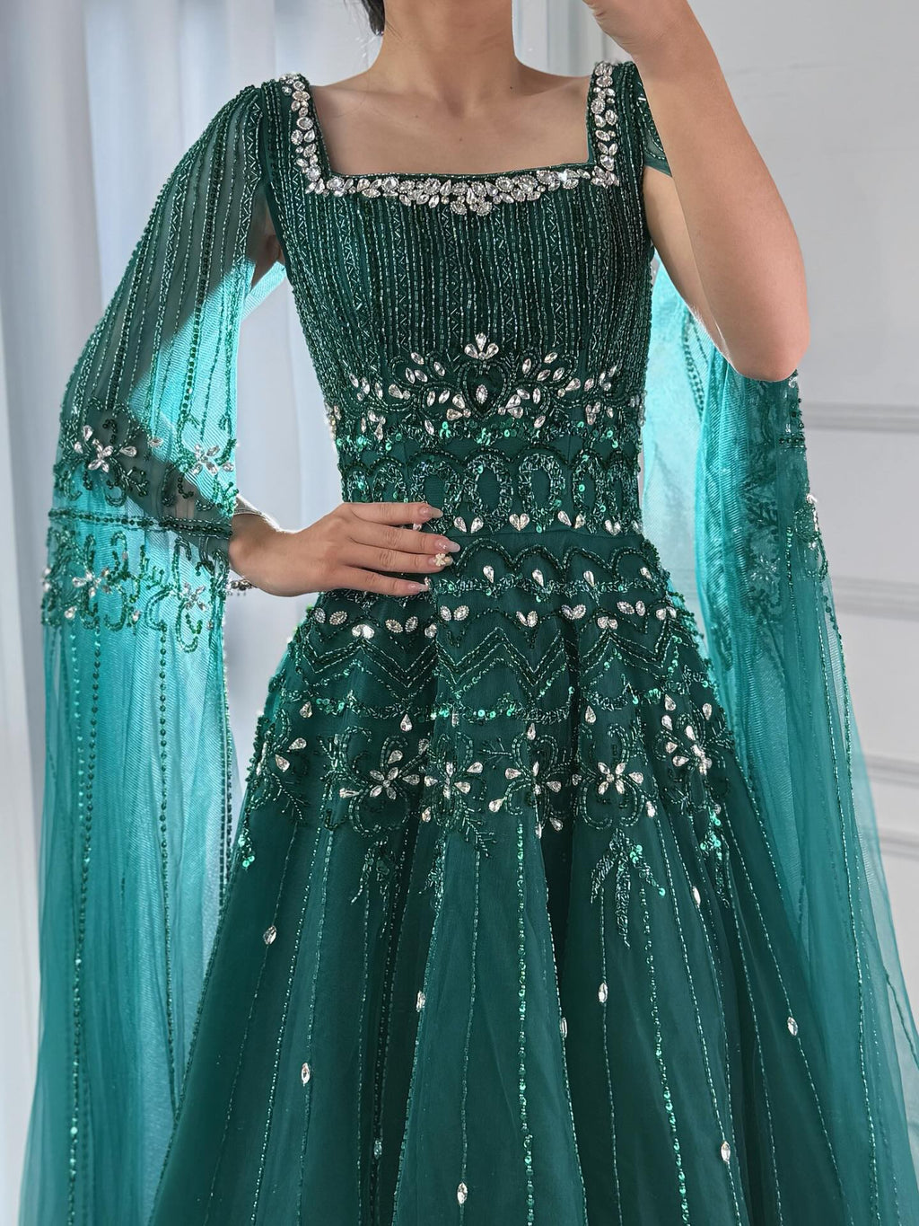 Arabic Luxury Beaded A-Line Square Green Cape Sleeves Evening Dress CLA73089A