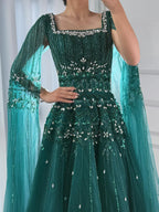 Arabic Luxury Beaded A-Line Square Green Cape Sleeves Evening Dress CLA73089A