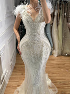Luxury Purple Crystal Beaded Mermaid Dress with Feathers LA73098A